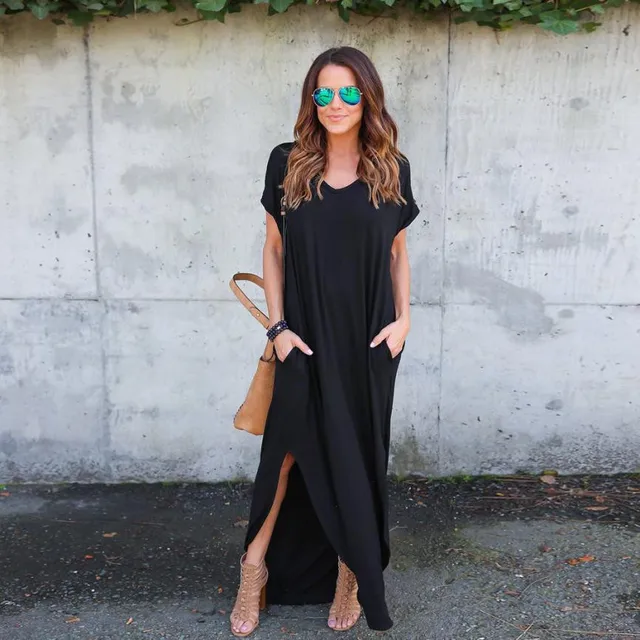 4 Colors Women Dresses Fashion Summer Boho Beach Dresses Split Short Sleeve Casual Dress Elegant Maxi Dress Vestido EY11