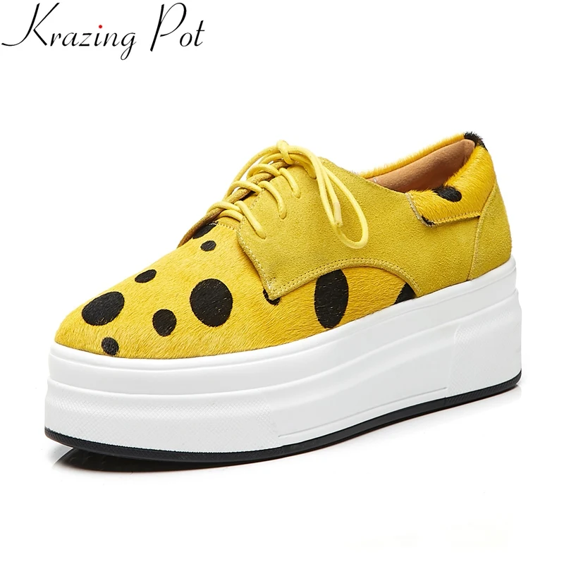 

Krazing Pot 2019 superstar horsehair lace up round toe sneakers platform increasing casual polka dot women vulcanized shoes L86