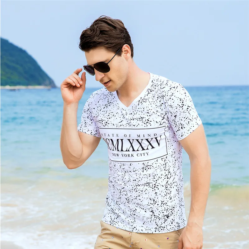 FREDD MARSHALL Brand Men T-shirts 2018 New Men\'s Cotton V Neck Short Sleeve Words Polka Dot Print Fashion Tee Shirt Tops Clothing  (3)