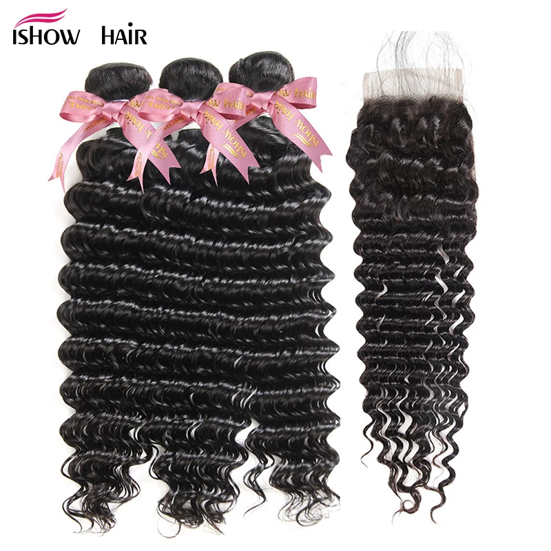 

Ishow Deep Wave Bundles With Closure 3 Bundles Human Hair Bundles With Closure Remy Brazilian Hair Weave Bundles With Closure