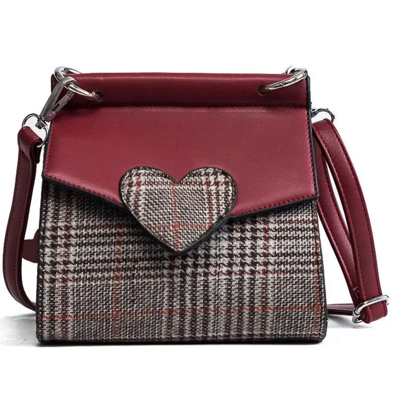 

Messenger bag female 2018 new check woolen bag Peach heart hit color double shoulder bag packet
