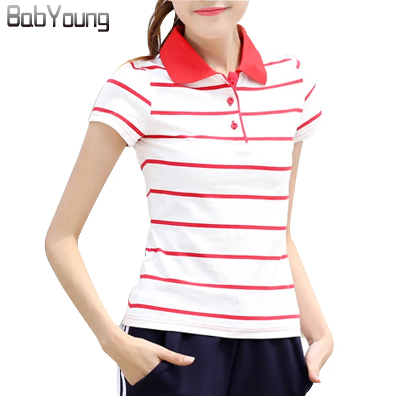 BabYoung 2017 Verão Mulheres Camisas Pólo M ~ 6XL 5 Cores Magro Camiseta de Algodão Da Listra respirável Cor Hit de manga Curta Tops Femme