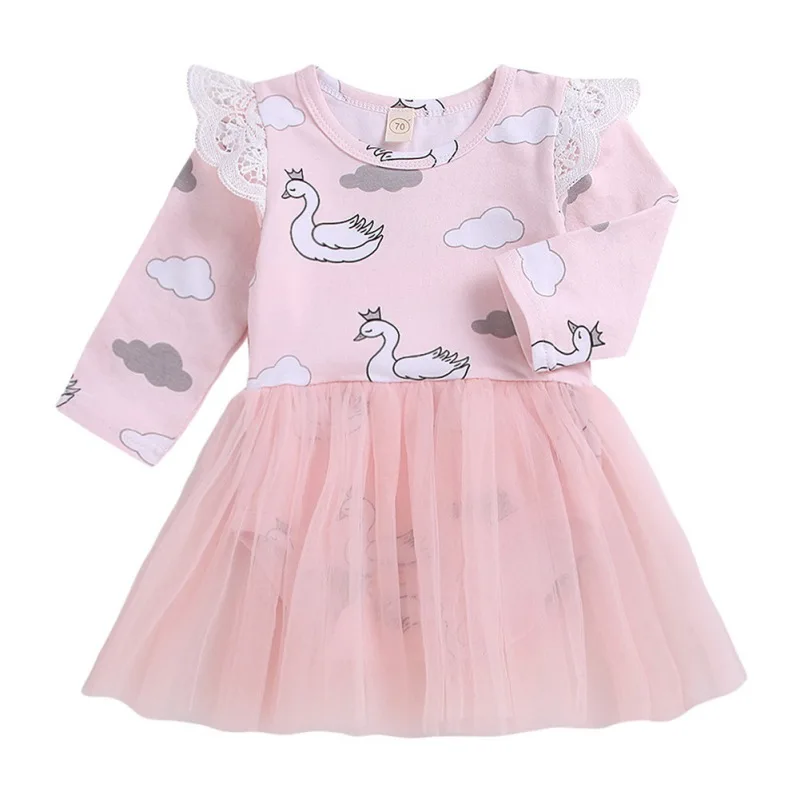 

2019 New Cute Newborn Infant Baby Girls Dress Long Sleeve Cartoon Swan Tulle Dress For Girls Party Birthday Baby Dress