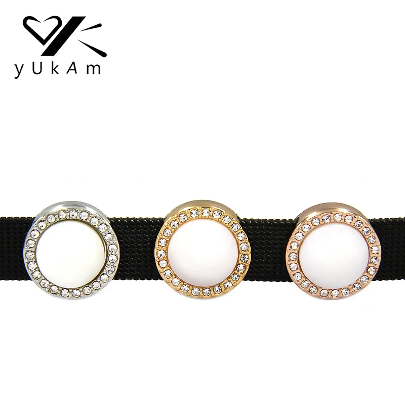 

YUKAM Jewelry Pave White Crystal Mother of Pearl Disc Slide Charms for Stainless Steel Mesh Keeper Bracelets Accessories Making