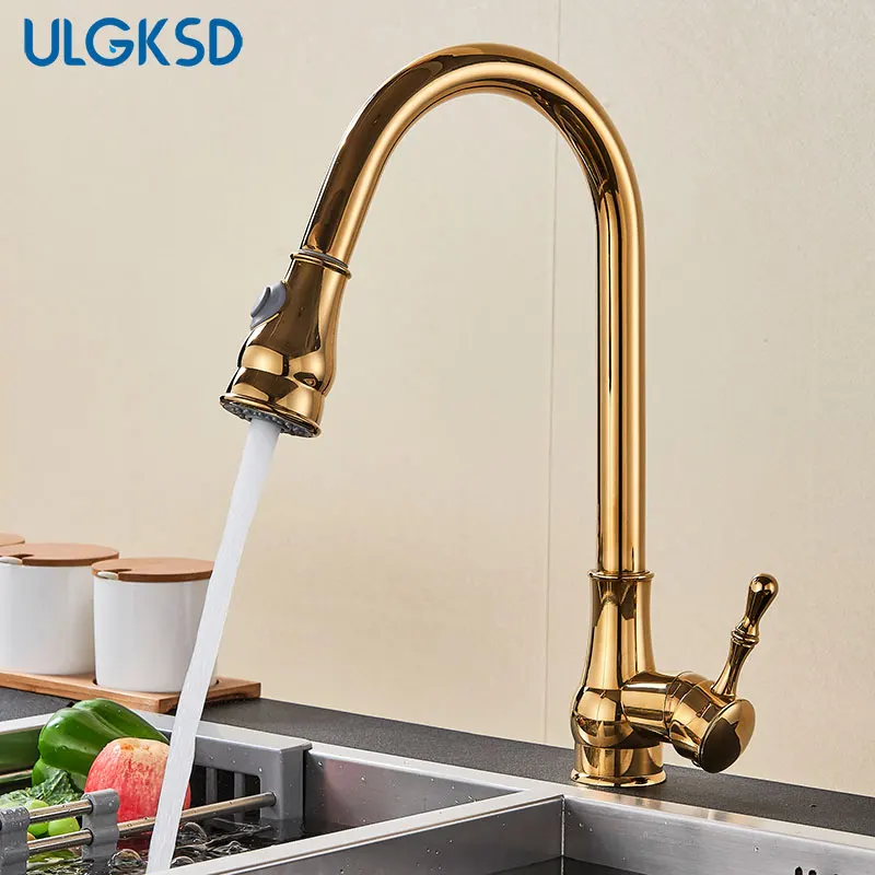 

ULGKSD Big Promotion Brass Gold Kitchen Faucet 360 Rotatable Mixer Tap Single Sharp Handle Single Holder Hot&Cold Water