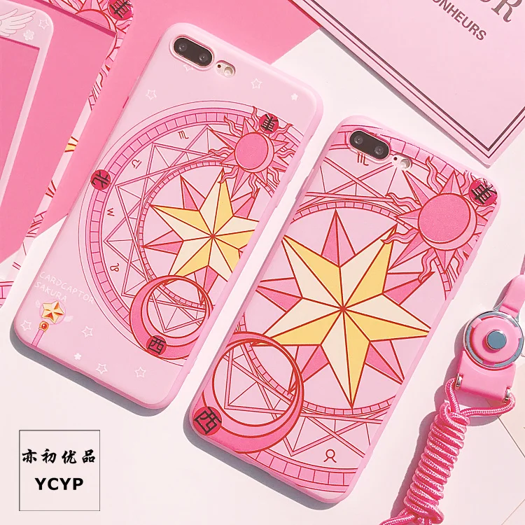 Pink Sakura cover For iPhone X 8 7 Plus TPU case + front tempered glass For iPhone 6 6s X 8 7 Plus Magic Array+ strap+sticker