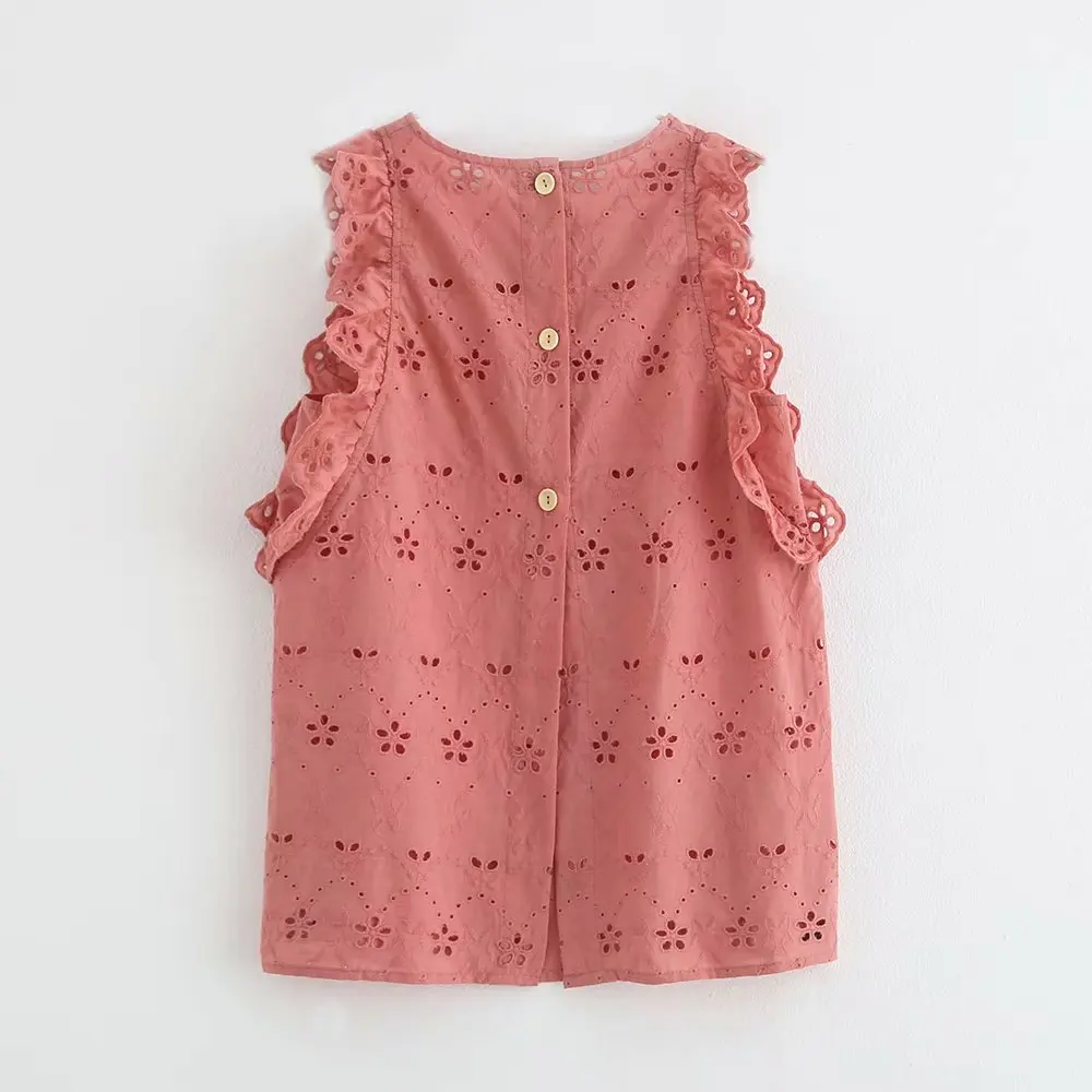2019 Women sweet hollow out embroidery vest Blouse back buttons Shirts women o neck sleeveless ruffles casual blusas Tops LS3770 2019 Women sweet hollow out embroidery vest Blouse back buttons Shirts women o neck sleeveless ruffles casual blusas Tops LS3770
