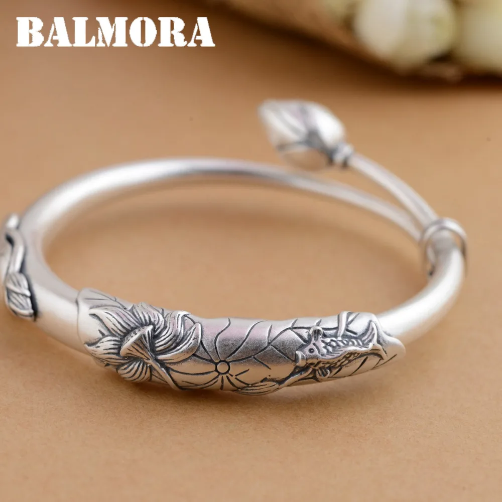 BALMORA 990 Pure Silver Lotus Flower & Fish Bangles for Women Mother Gift about 19cm Adjustable Bracelet Jewelry Pulsera SZ0242 about me fish
