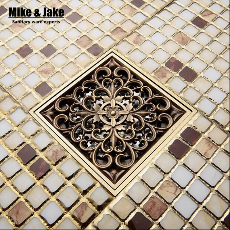 10 10cm Vintage Artistic antique Brass Bathroom Square Shower Floor Drain Trap Waste Grate With Hair