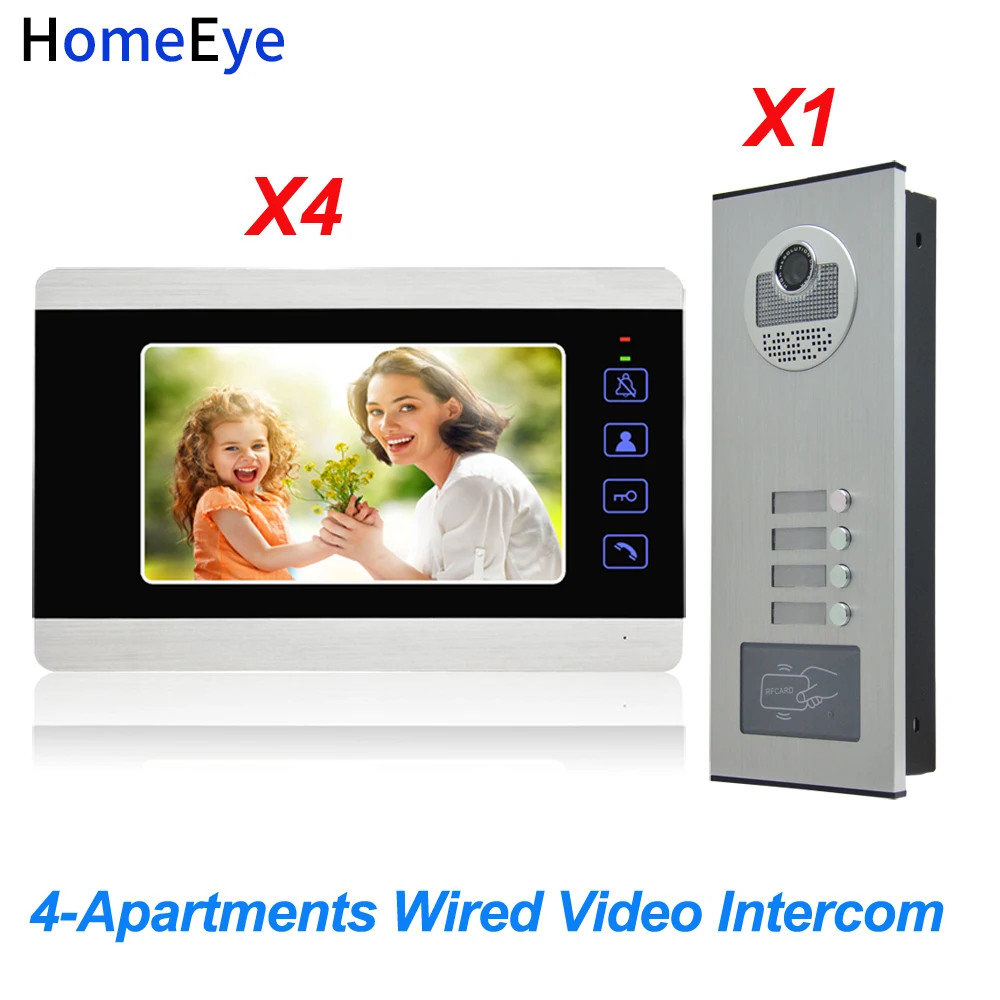 HomeEye 4-Apartments Door Bell Home Access Control System 7'' 4-Wire Multi-family Video Door Phone Intercom Waterproof 1200TVL HomeEye 4-Apartments Door Bell Home Access Control System 7'' 4-Wire Multi-family Video Door Phone Intercom Waterproof 1200TVL