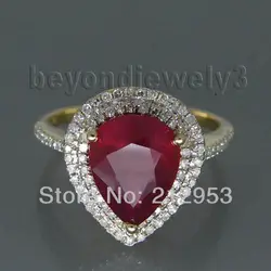 Винтаж ruby diamond Золотое кольцо, 585 Желтое золото натуральный красный рубиновое кольцо Груша 8x10 мм камень ювелирные изделия sr10