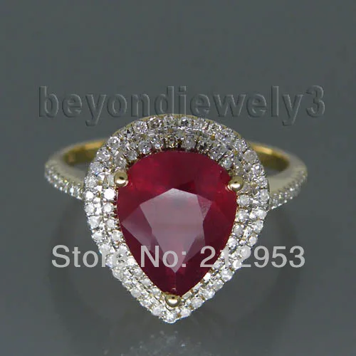 

Vintage Ruby Diamond Gold Ring, 585 Yellow Gold Natural Red Ruby Ring Pear 8x10mm Stone Jewelry SR10