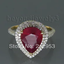Vintage Ruby Diamond Gold Ring, 585 Yellow Gold Natural Red Ruby Ring Pear 8x10mm Stone Jewelry SR10
