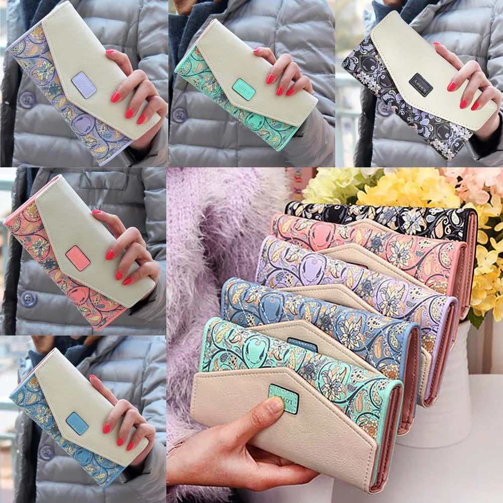

New Style New Fashion Envelope Women Wallet Hit Color 3 Fold Flowers Printing PU Leather Wallet Long Ladies Clutch Coin Purse