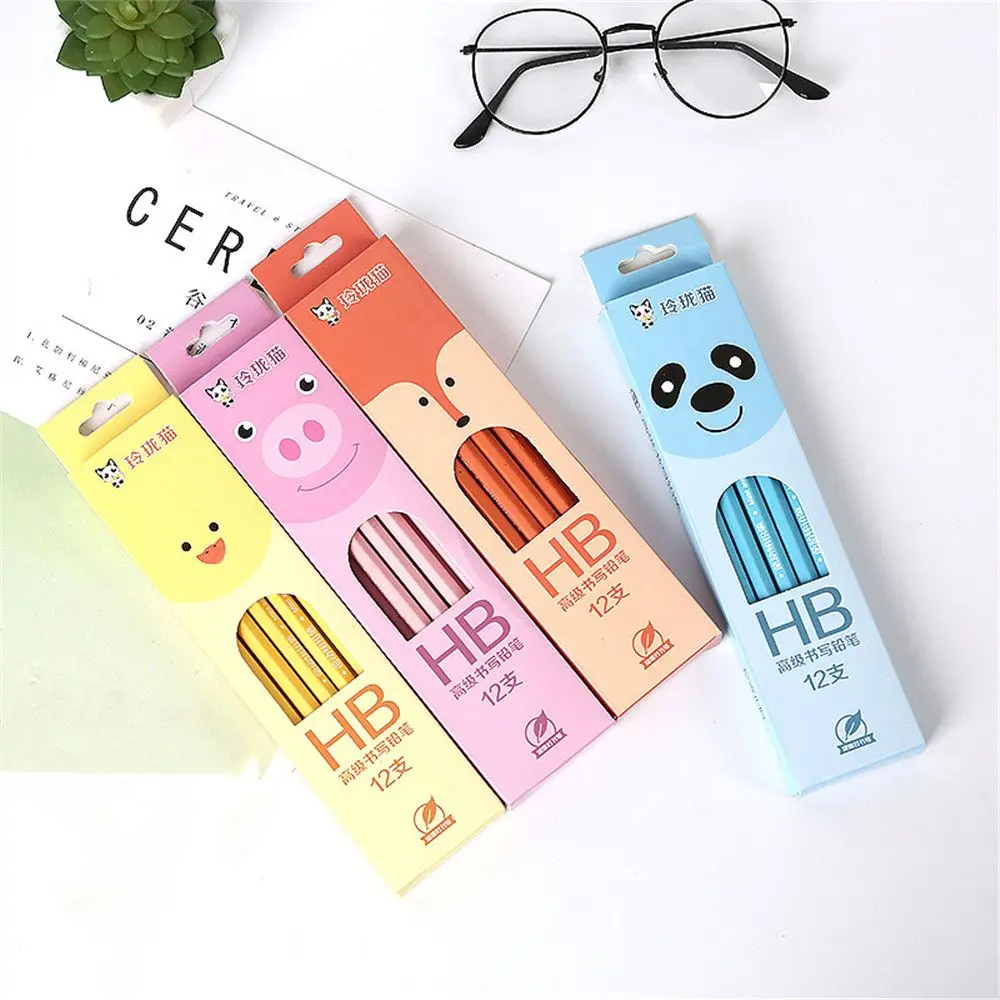 

12Pcs/set Pencils with Erasers Eco Friendly HB Lead Pencil Set Cartoon Animal Flamingo London Soldiers Wooden Pencil for Kids
