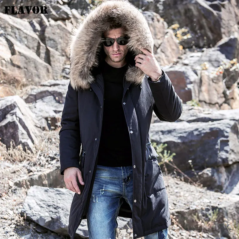 FLAVOR Men's Real Fur Parka with Removable Rex Rabbit Fur Liner Raccoon ...