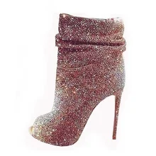 Роскошные женские ботильоны с украшением в виде кристаллов; ботильоны на шпильке с открытым носком; блестящие модельные туфли золотистого цвета с бриллиантами; большие размеры 10