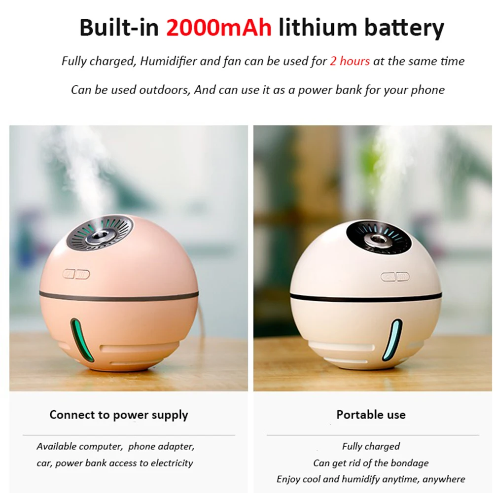 4 in 1 Multi function Air Humidifier with Fan LED Lamp 2000mAh Built-in Lithium Battery Rechargeabl