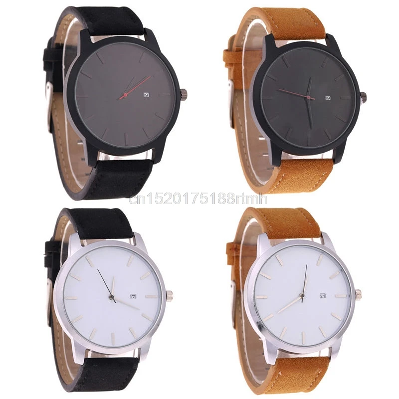 

Mens Date Stainless Steel Black Big Dial Quartz Scrub Leather Sport Wrist Watch