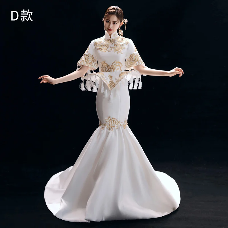 Модная белая вышивка Cheongsam Современная сценическая шоу Длинные платья Qi Pao женское китайское элегантное вечернее платье русалки Qipao - Цвет: D