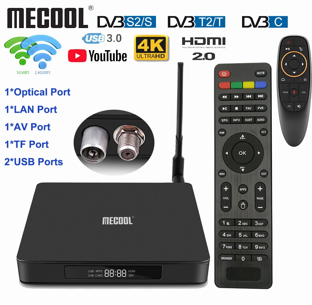 

2019 Mecool K6 TV Box DVB-T2 DVB-S2 DVB-C 3D 4K 2.4G/5G WiFi H.265 USB3.0 Set Top Box With HiSilicon HI3798 Chipset Optical Port