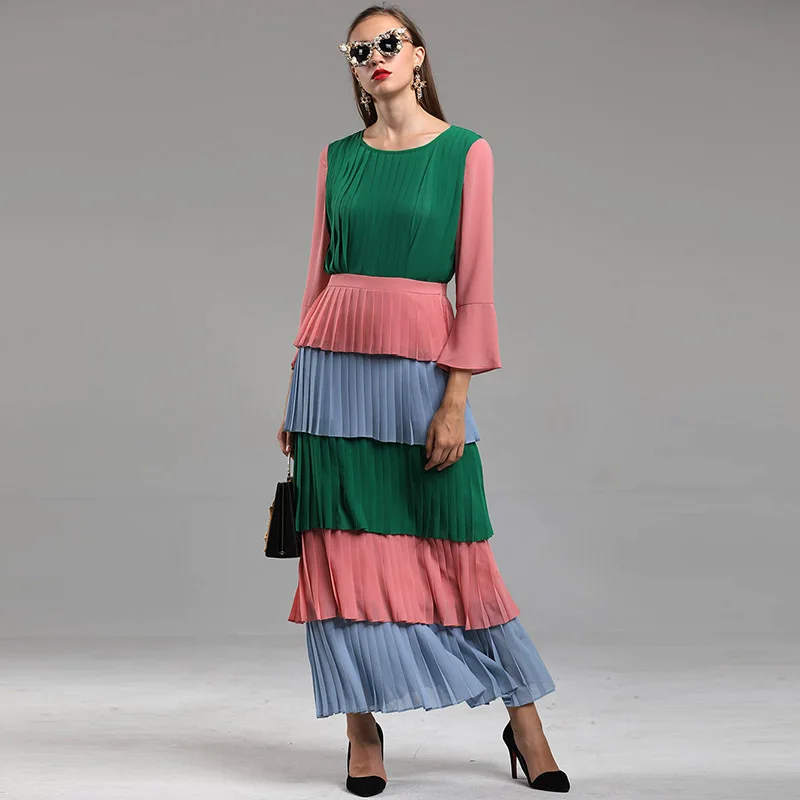 Hot fashion lange mouwen gelaagde jurk 2018 Fall winter runway flare mouw elegante geplooide jurk Chic maxi jurk D678