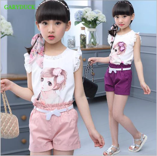 

Kids girls summer sets 2017 new sleeveless suit big girls fashion lace T-shirt + cotton shorts kids girls clothes 3-14 years