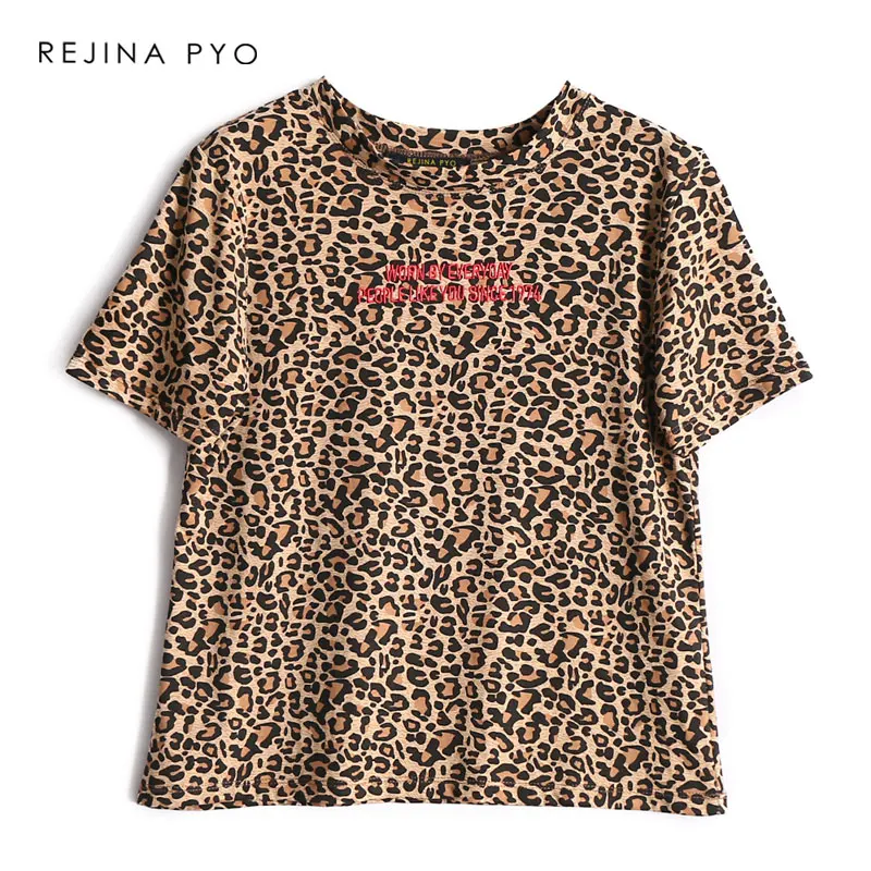 REJINAPYO женская футболка с леопардовым принтом, женские сексуальные повседневные футболки с вышитыми буквами, женские модные футболки с круглым вырезом и коротким рукавом