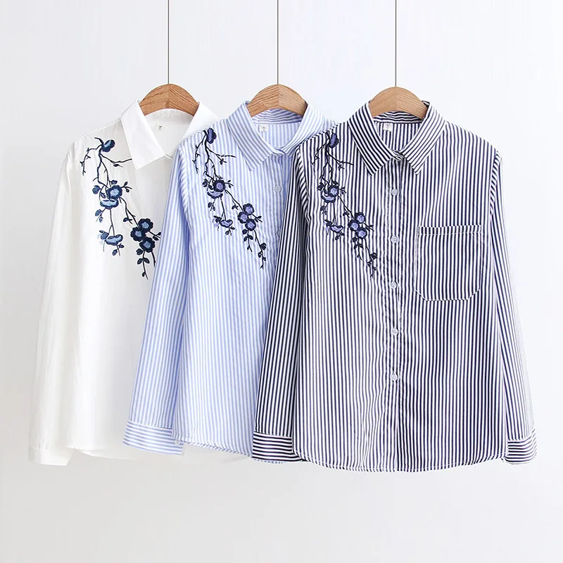 DAIQIANNI Pocket Striped Shirt Women 2018 Spring Flower Embroidered Blouse Long Sleeve Cotton Loose Camisas Mujer Tops |