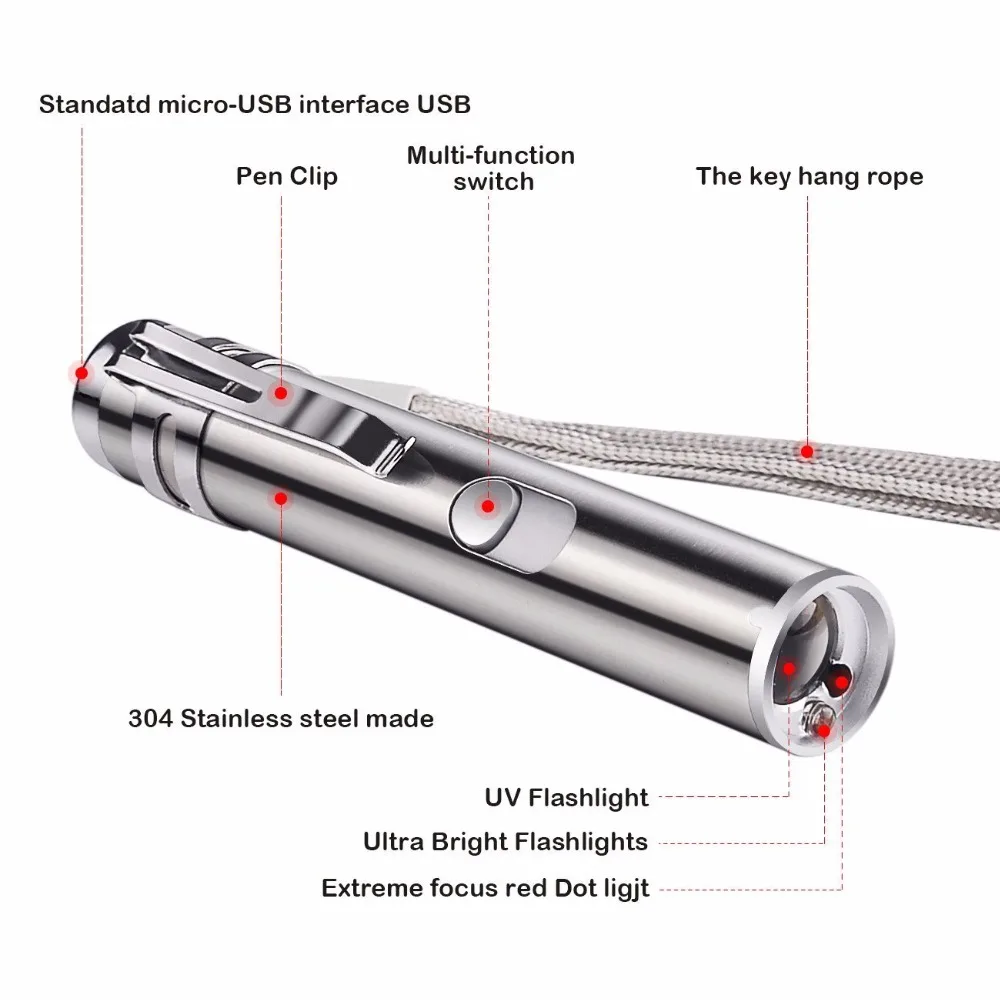 Мини-лазер, красная лазерная указка, USB перезаряжаемая, 3 в 1, ручка, фонарик, зарядка, УФ-фонарь, охотничий лазерный прицел, многофункциональная лампа