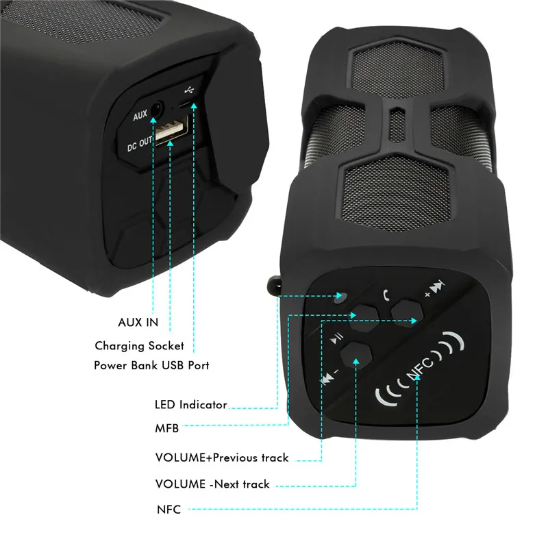 LEORY PT-390A водонепроницаемый беспроводной bluetooth динамик NFC TF sd-карта Поддержка Встроенный аккумулятор внешний аккумулятор портативный стерео динамик s