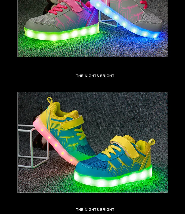 Новый зарядка через USB светящиеся обувь детские спортивные кроссовки для мальчиков и девочек сетки Повседневное легкая обувь Дети зажгли PU