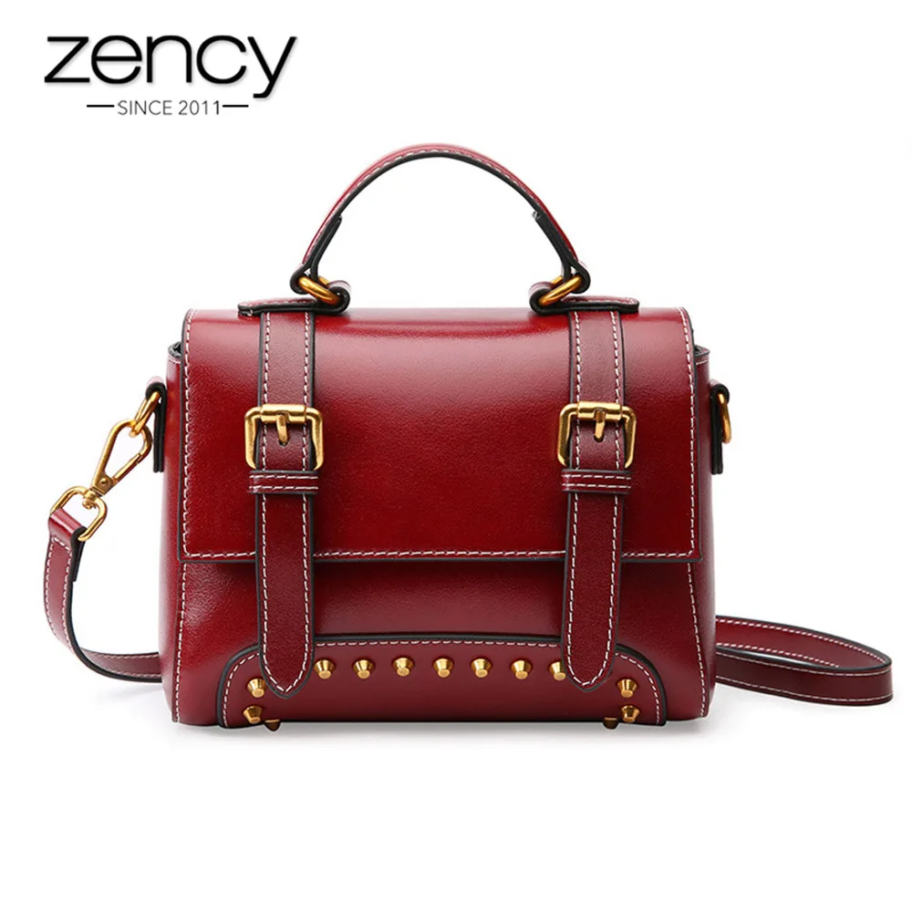 

Zency New Model Women Tote Bag 100% Genuine Leather Handbag Brown Fashion Lady Messenger Purse Crossbody Flap With Rivets