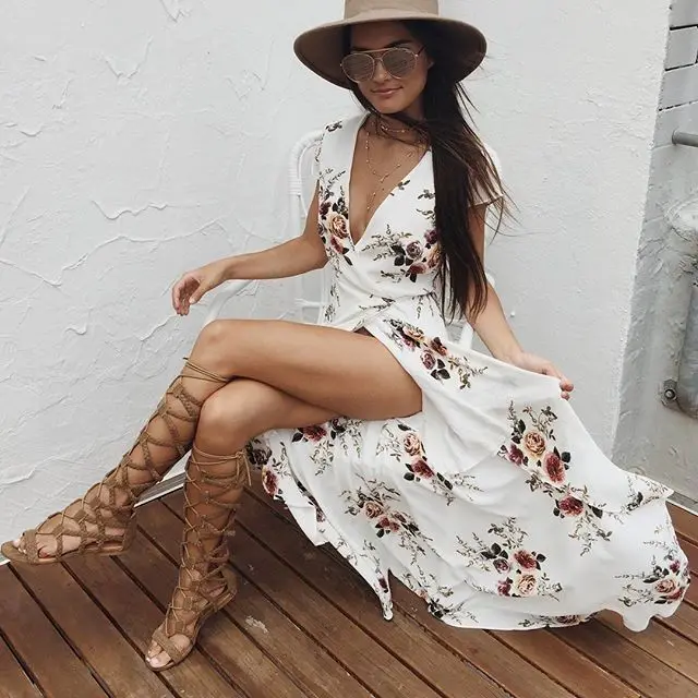 

New Design V Neck Beach Maxi Dresses for Women Floral Printing Asymmetrical Wrap Summer Dress Women