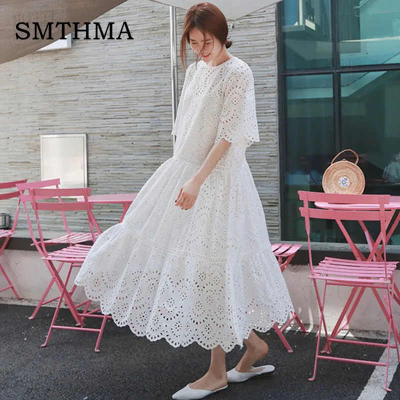 

SMTHMA 2019 New Hollow Out Lace Dress Summer Elegant Beach Dress Female With Spaghetti Strap vest +Summer Dresses two piece set