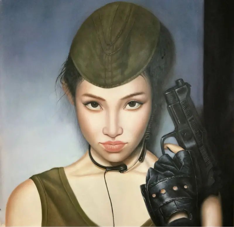 

100%Hand Painted Figure Oil Painting on Canvas Sexy Girl With a Gun Canvas Painting Wall Art Picture Painting for Living Room