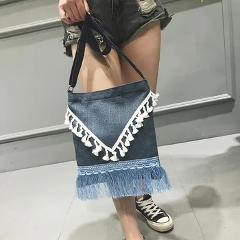 

SENDEFN Casual Beach HandBag Eco Shopping Bag Daily Use Foldable Canvas Shoulder Bag Simple Tassels National for Women Female