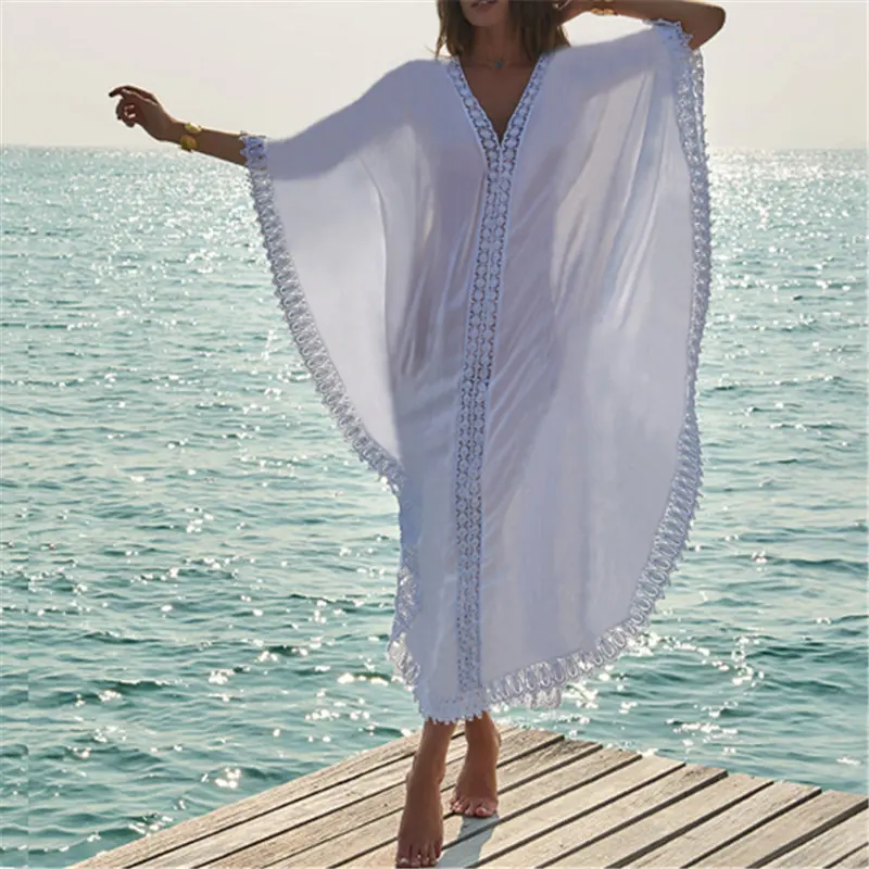 

2019 Cotton Tunic Beach lace Dress Long Beach Cover up Vestido Bathing suit Cover ups Beach Sarong Robe de Plage Tunic #Q823