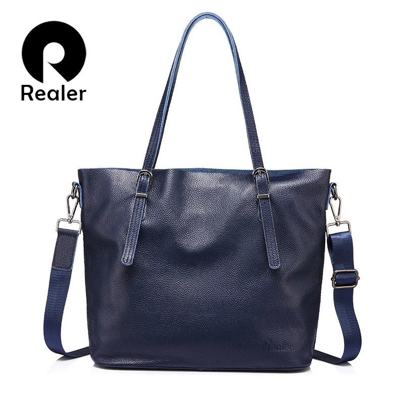 

REALER women genuine leather handbags female shoulder bag large capacity ladies totes fashion cow leather top-handlebags purses