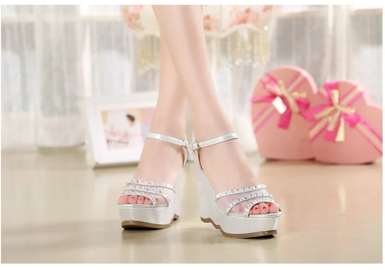 23_2016 Summer Fashion Elegant Footwear Peep Toe Black High Heeled Platform Sandals Silver Diamond Wedges Shoes Women Small Size