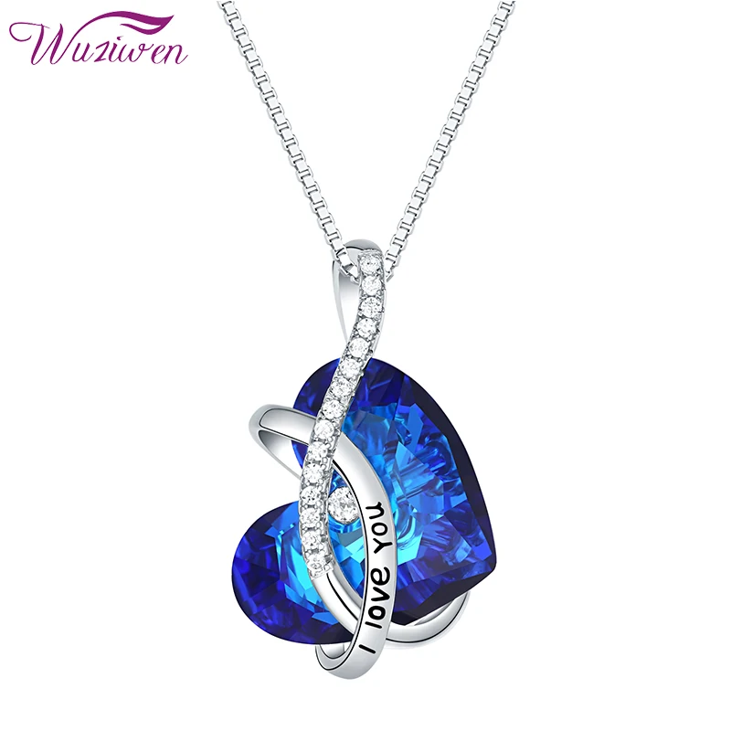 

Wuziwen Eternity Heart Shape Sapphire Pendant Necklace For Women 925 Sterling Silver White AAA Cubic Zircon Gift Jewelry