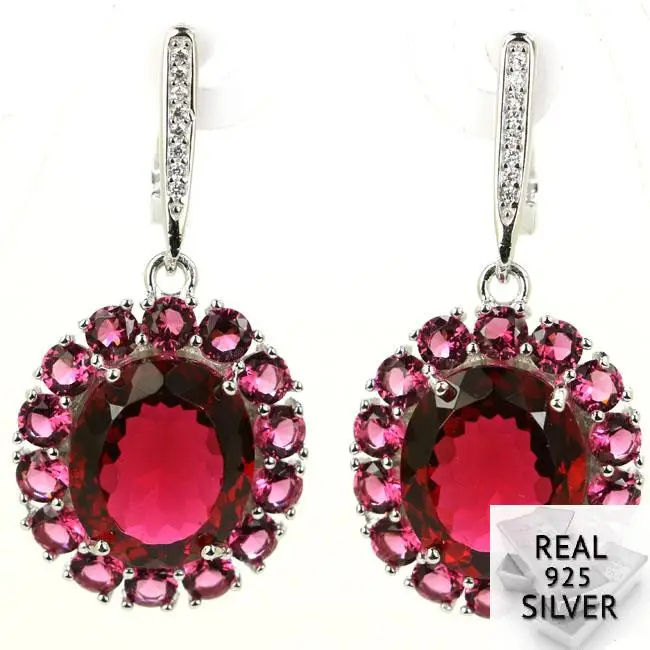 

9.5g Real 925 Solid Sterling Silver Deluxe Top Pink Raspberry Rhodolite Garnet CZ Engagement Earrings 40x19mm