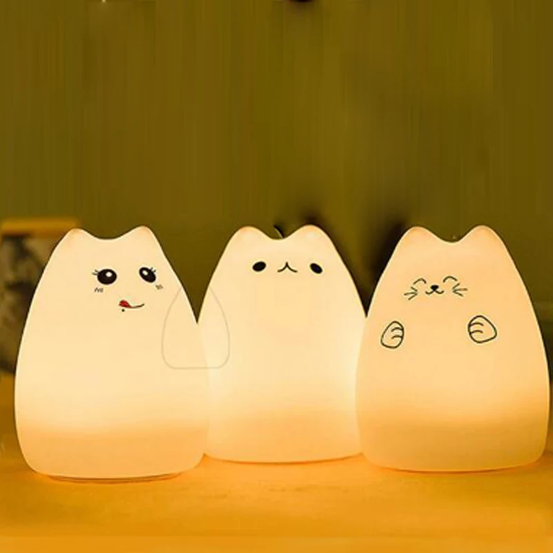 LED USB Children Animal Night Light Silicone Soft Cartoon Baby Nursery Light Lamp Breathing LED Night Light  7 Colors Cat  (12)