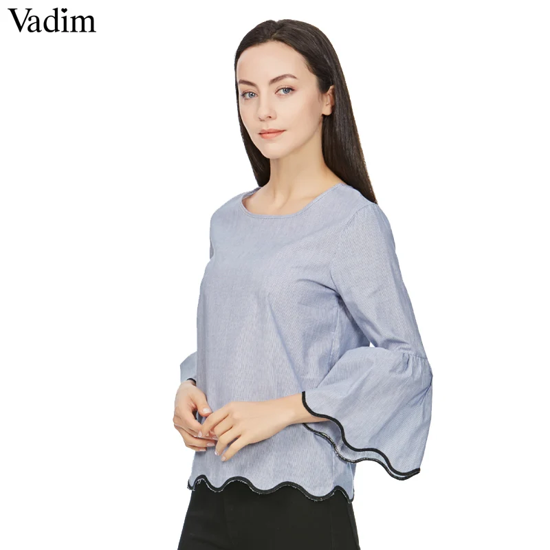 

Women hem wave embroidery loose shirt three quarter flare sleeve blue o neck blouses female casual streetwear tops blusas LT1664