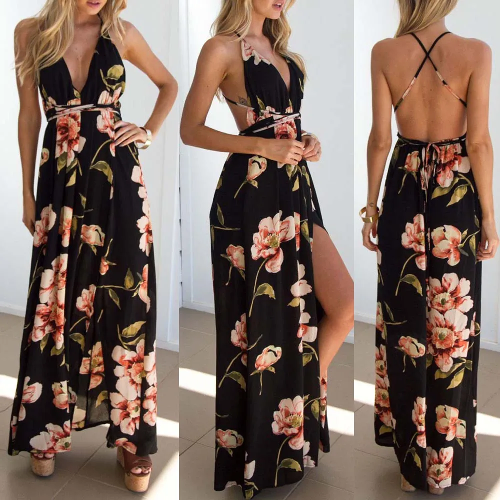 Image Women Hot Sale Summer Sexy Boho Long Evening Party Maxi Sleeveless Dress Beach Dress Long Party Flower Print Casual Sundress