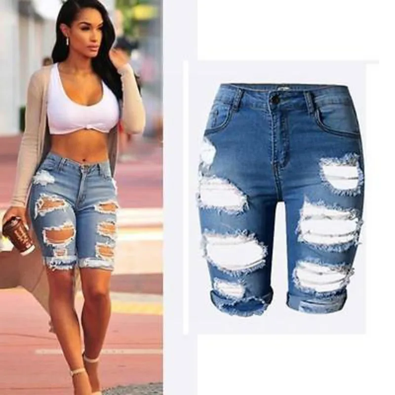 

Womens Ladies High Waist Ripped Hole Washed Short Jeans Size Plus size