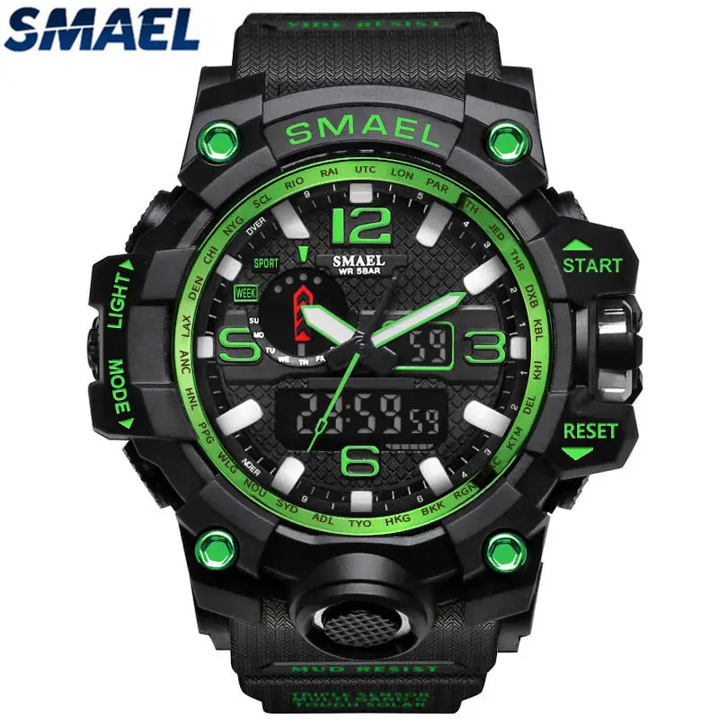 SMAEL мужские спортивные модные аналоговые кварцевые часы светодиодный Секундомер цифровые часы водонепроницаемые ударные мужские военные часы Relogio Mas - Цвет: Black Green