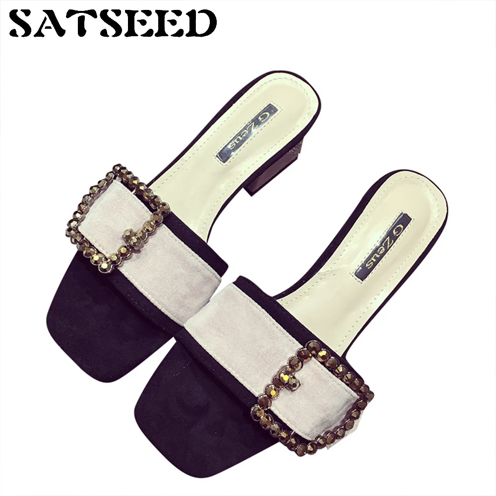 

Summer 2017 Square Slippers Coarse Fish Mouth Size Fashion Ladies Crystal High-heeled Slide Shoes
