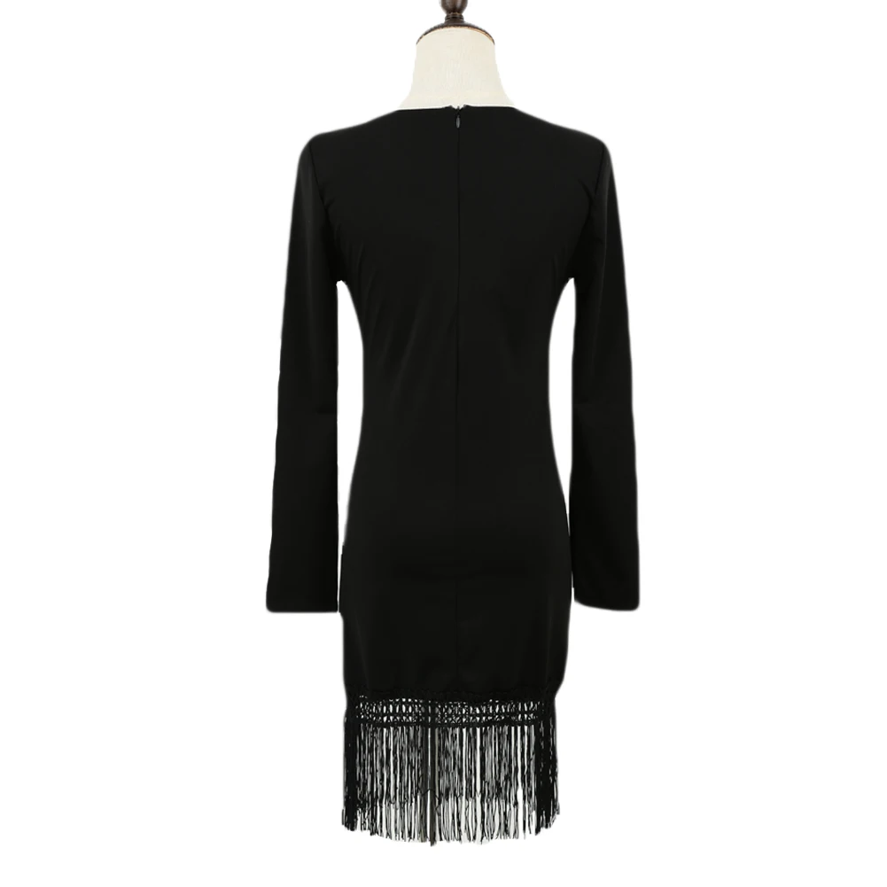 Vestido Sexy coreano de mujer con borla con cremallera y cuello redondo negro Vestido de manga larga ajustado moda Ropa barata China Ropa