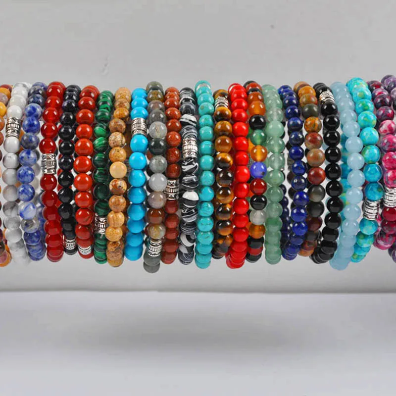 

6MM Carnelian/Howlite/Sandstone/Malachite/Tigereye/Picasso/Mookaite/Picture Stone Bead Tibetan Silver Bracelet Stretch Jewelry